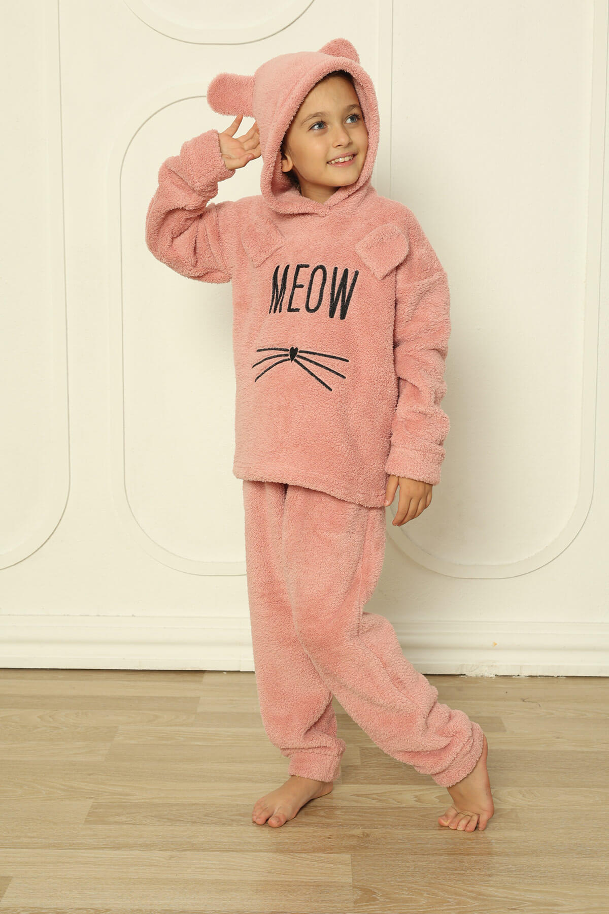 Pembe Meow Desenli Tam Peluş Kız Çocuk Pijama Takımı - 5