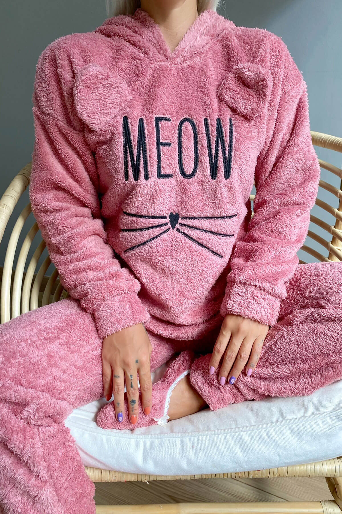 Pembe Meow Desenli Tam Peluş Pijama Takımı - 4
