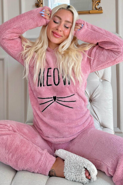 Pembe Meow Desenli Tam Peluş Pijama Takımı 