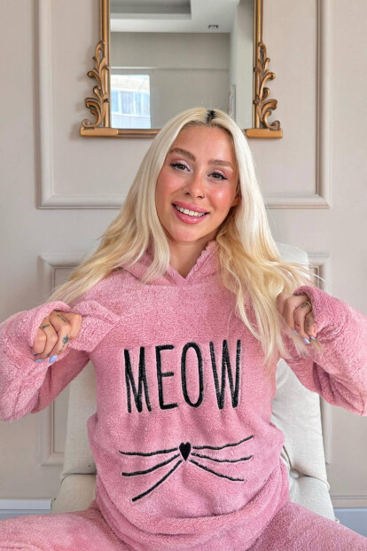 Pembe Meow Desenli Tam Peluş Pijama Takımı - 5