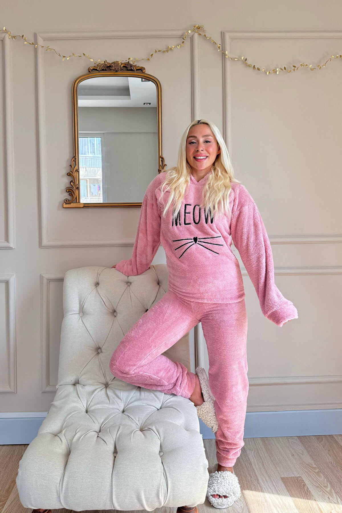 Pembe Meow Desenli Tam Peluş Pijama Takımı - 6