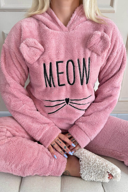 Pembe Meow Desenli Tam Peluş Pijama Takımı - 7