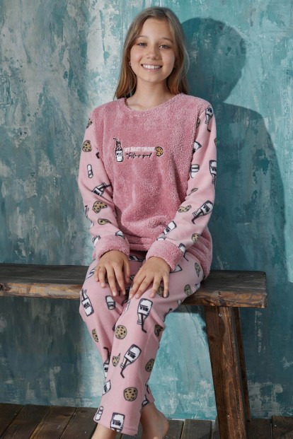 Pembe Milk Desenli Kız Çocuk Peluş Pijama Takımı 