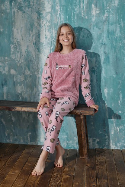 Pembe Milk Desenli Kız Çocuk Peluş Pijama Takımı - 3