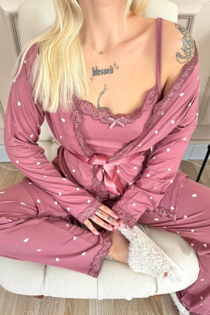 Pembe Mini Kalp Desenli Bambu Sabahlıklı Kadın Pijama Takımı - 5