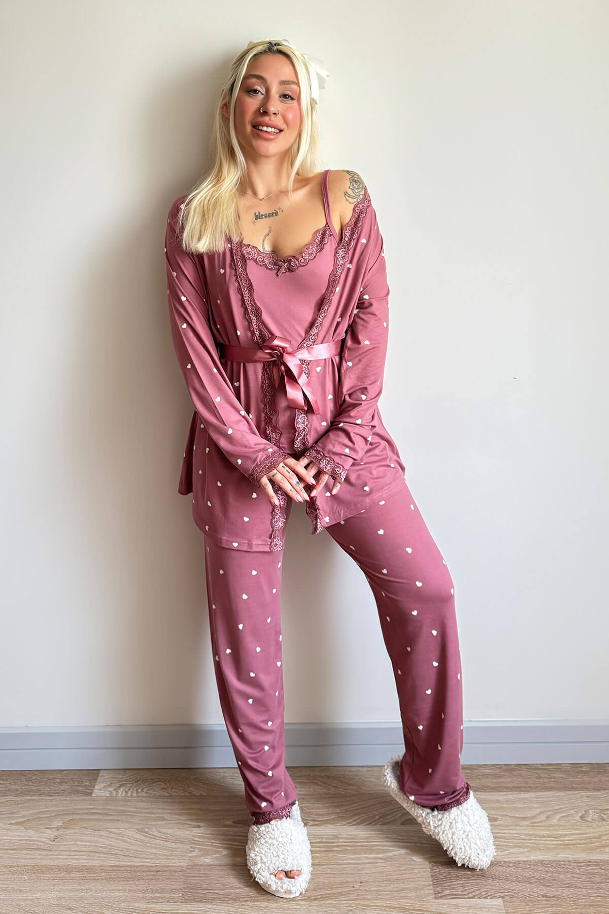 Pembe Mini Kalp Desenli Bambu Sabahlıklı Kadın Pijama Takımı - 6