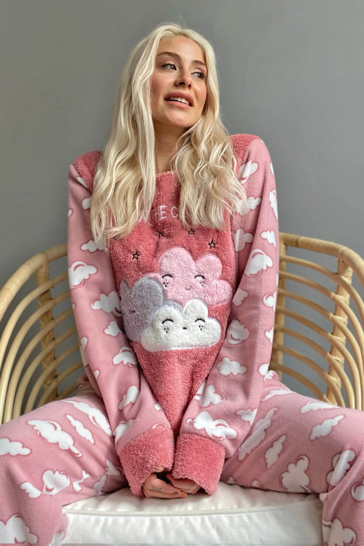 Pembe Moon Cloud Desenli Kadın Peluş Pijama Takımı - 1