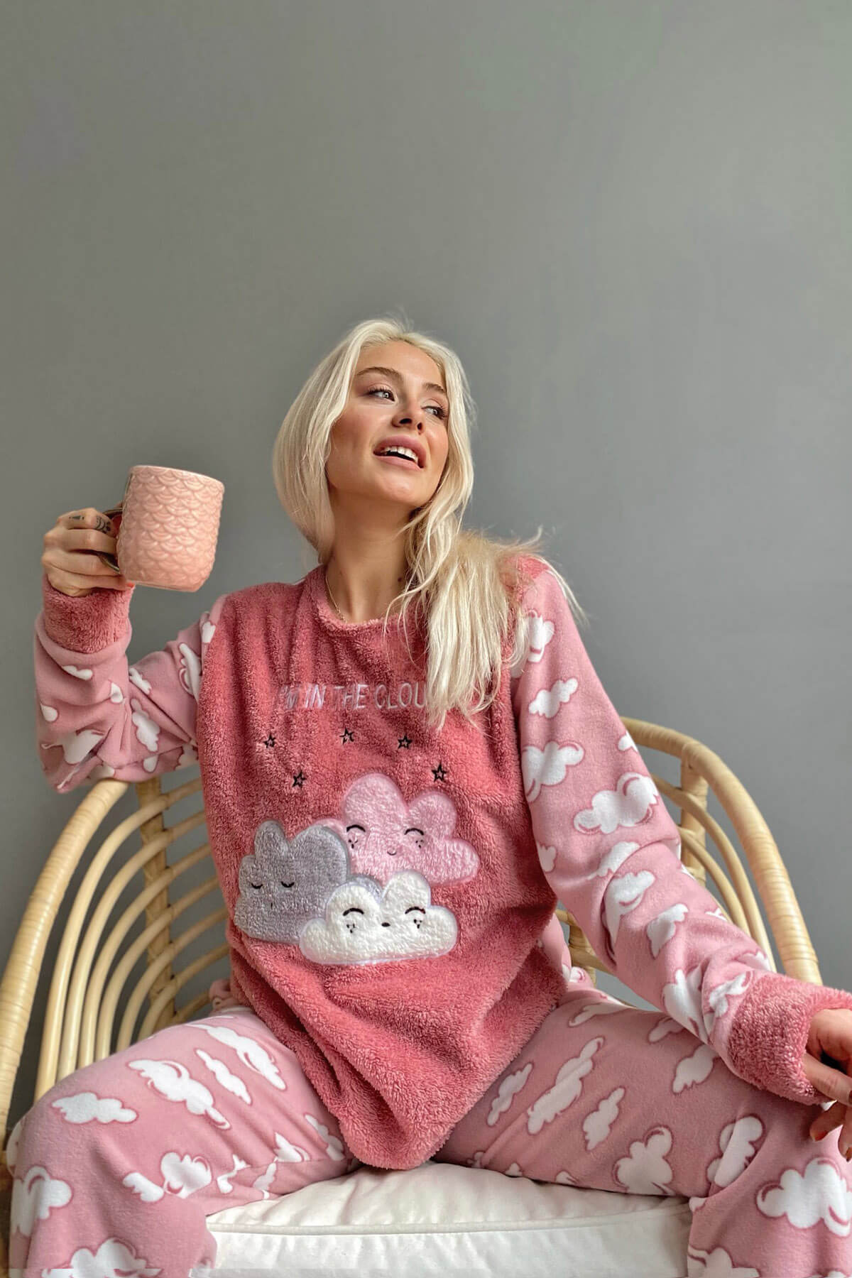 Pembe Moon Cloud Desenli Kadın Peluş Pijama Takımı - 2