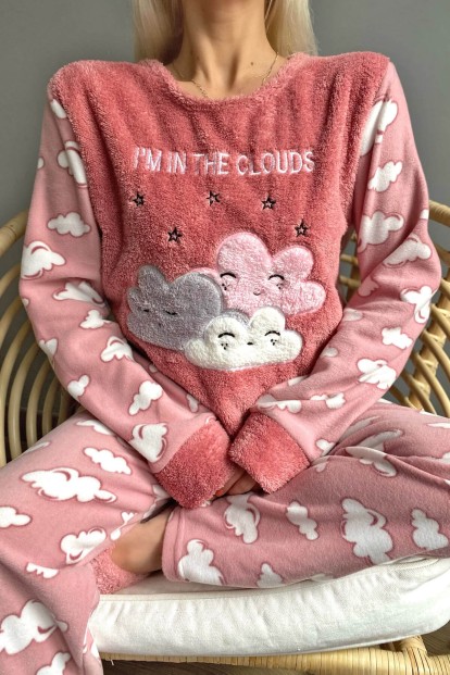 Pembe Moon Cloud Desenli Kadın Peluş Pijama Takımı - 5