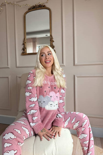 Pembe Moon Cloud Desenli Kadın Peluş Pijama Takımı - 2