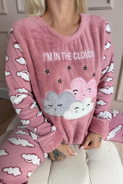 Pembe Moon Cloud Desenli Kadın Peluş Pijama Takımı - 5