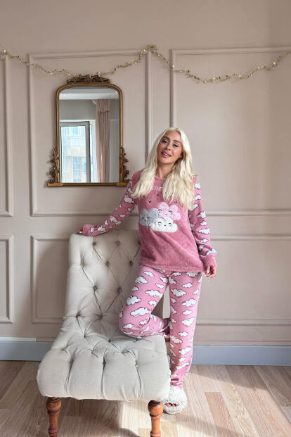 Pembe Moon Cloud Desenli Kadın Peluş Pijama Takımı - 6