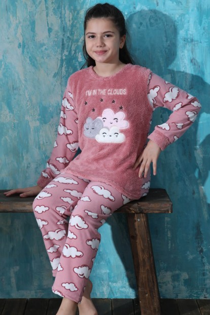 Pembe Moon Cloud Desenli Kız Çocuk Peluş Pijama Takımı - 1