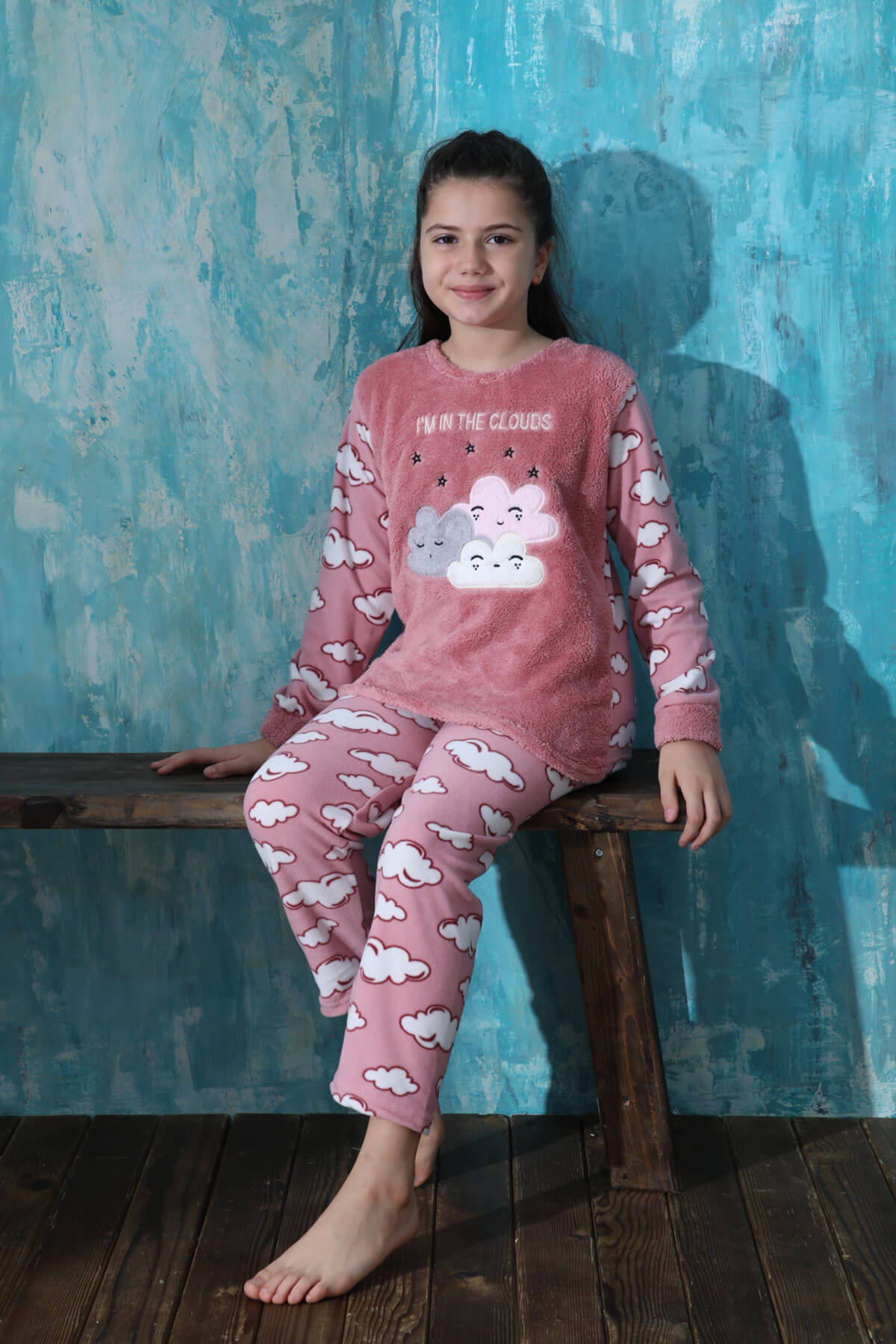 Pembe Moon Cloud Desenli Kız Çocuk Peluş Pijama Takımı - 2