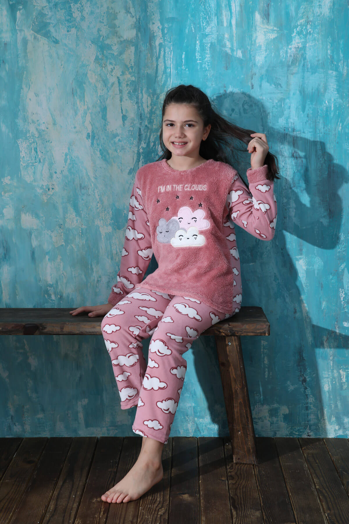 Pembe Moon Cloud Desenli Kız Çocuk Peluş Pijama Takımı - 3