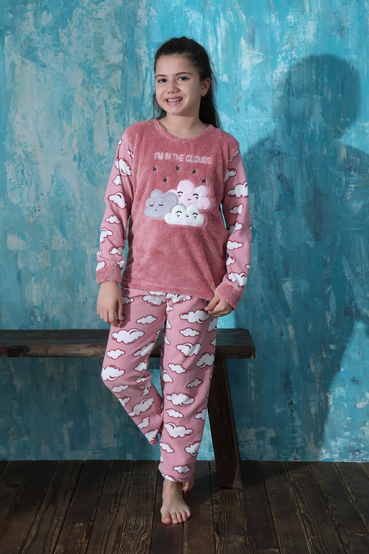 Pembe Moon Cloud Desenli Kız Çocuk Peluş Pijama Takımı - 4