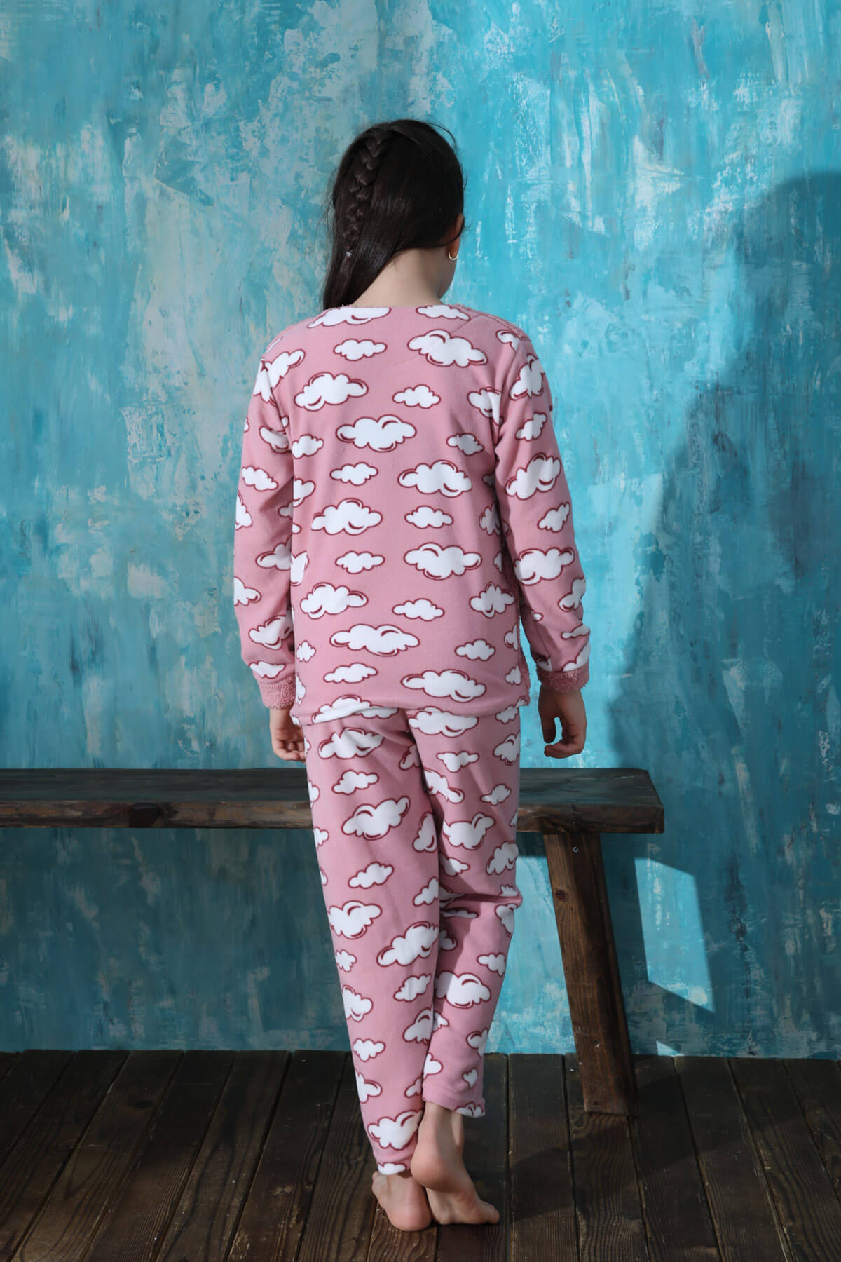 Pembe Moon Cloud Desenli Kız Çocuk Peluş Pijama Takımı - 6