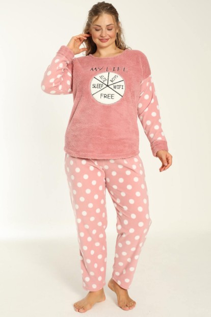 Pembe My Life Desenli Büyük Beden Battal Peluş Pijama Takımı - 2