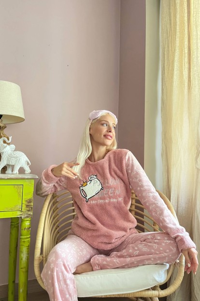 Pembe Pillow Desenli Kadın Peluş Pijama Takımı - 4