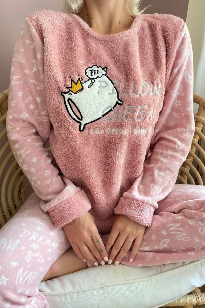 Pembe Pillow Desenli Kadın Peluş Pijama Takımı - 5