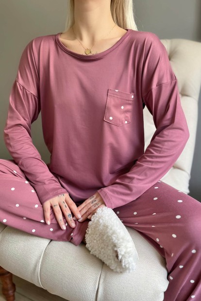 Pembe Puantiye Desenli Bambu Uzun Kol Kadın Pijama Takımı - 4