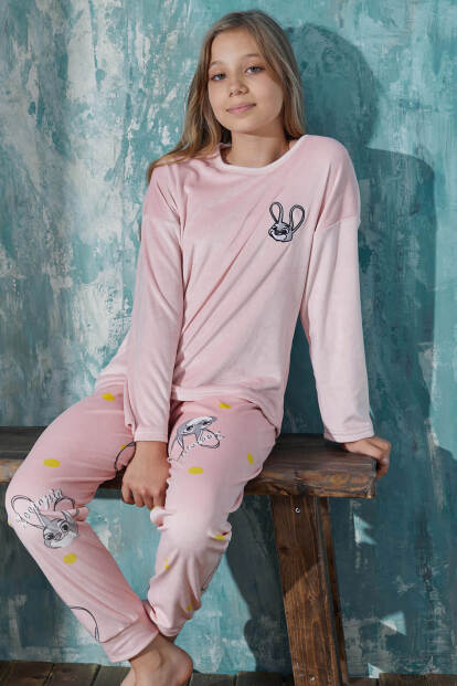 Pembe Rabbit Desenli Exclusive Kadife Kız Çocuk Pijama Takımı  