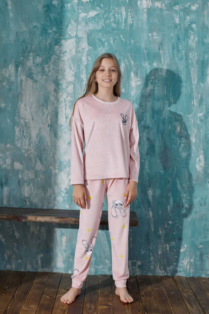 Pembe Rabbit Desenli Exclusive Kadife Kız Çocuk Pijama Takımı  - 4