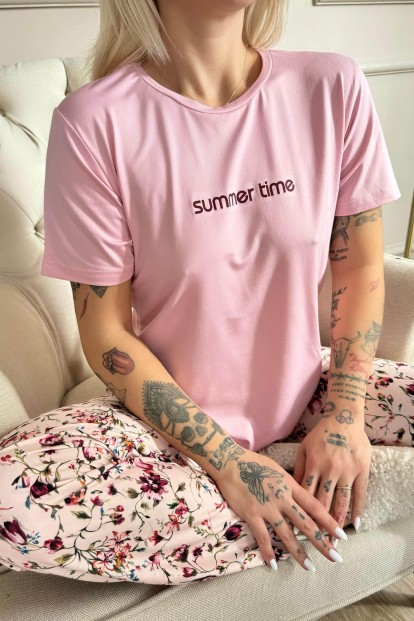 Pembe Summer Time Desenli Kısa Kollu Örme Kadın Pijama Takımı - 5