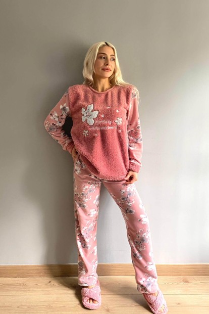 Pembe Yaprak Desenli Kadın Peluş Pijama Takımı - 4