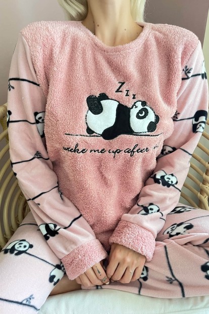 Pembe Zzz Wake Desenli Kadın Peluş Pijama Takımı - 4