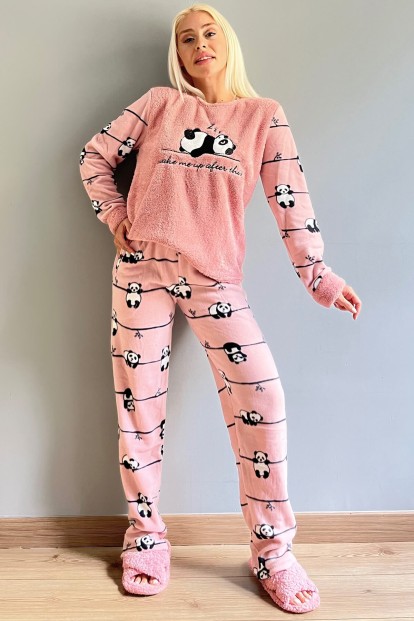 Pembe Zzz Wake Desenli Kadın Peluş Pijama Takımı - 5