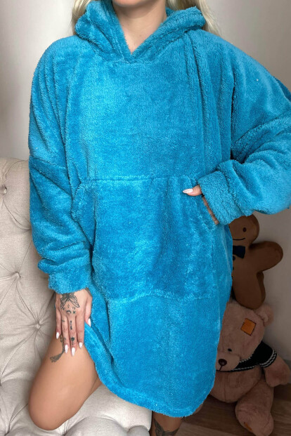 Petrol Mavi Kapşonlu Tam Peluş Oversize Sweat Panço Pijama - 6