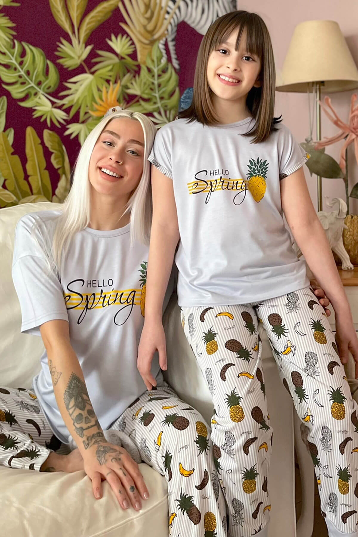 Pineapple Baskılı Kısa Kollu Anne Kız Kombin Pijama Takımı - 1