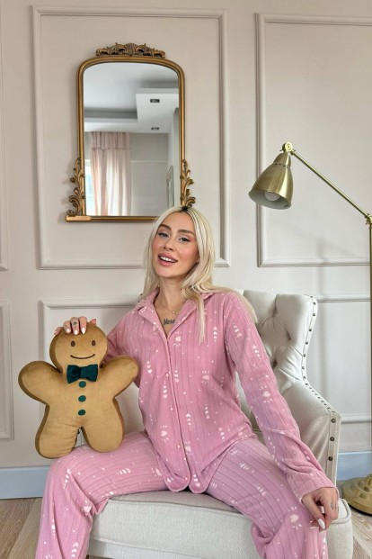 Pudra Kalp Desenli Önden Düğmeli Peluş Polar Pijama Takımı - 3