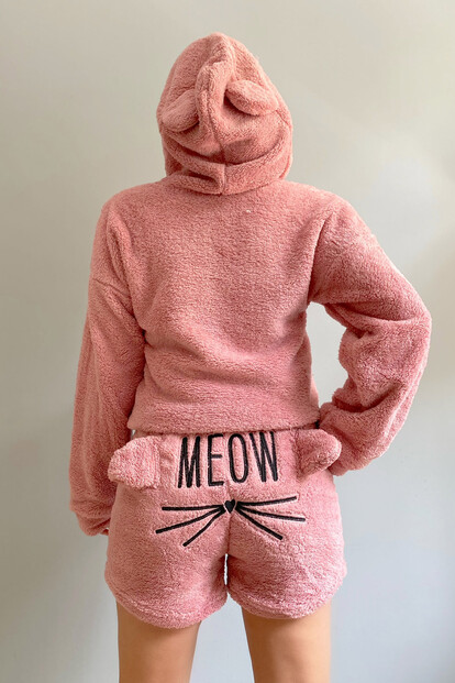 Pudra Meow Desenli Şortlu Tam Peluş Pijama Takımı - 2