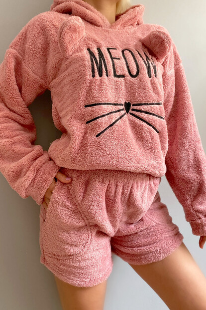 Pudra Meow Desenli Şortlu Tam Peluş Pijama Takımı - 4