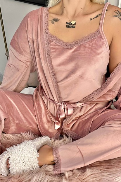 Pudra Pearl Exclusive Kadife Sabahlıklı Kadın Pijama Takımı  - 5