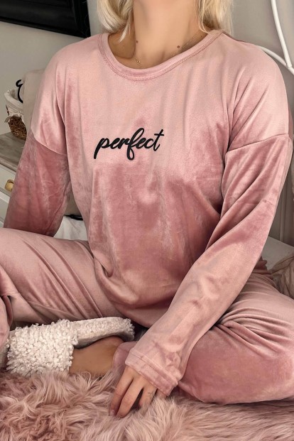 Pudra Perfect Desenli Exclusive Kadife Kadın Pijama Takımı  - 4