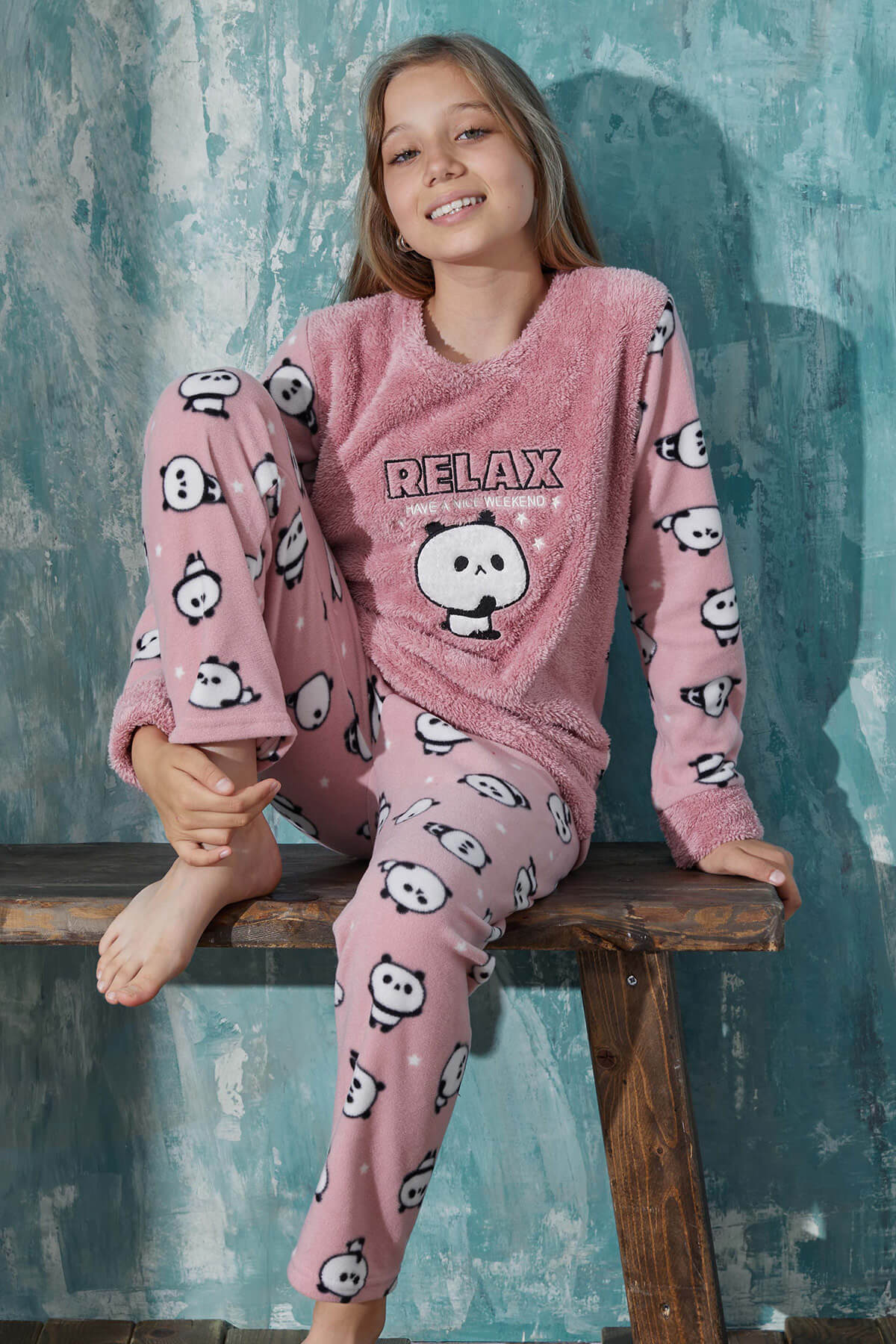 Pudra Relax Panda Desenli Kız Çocuk Peluş Pijama Takım - 1