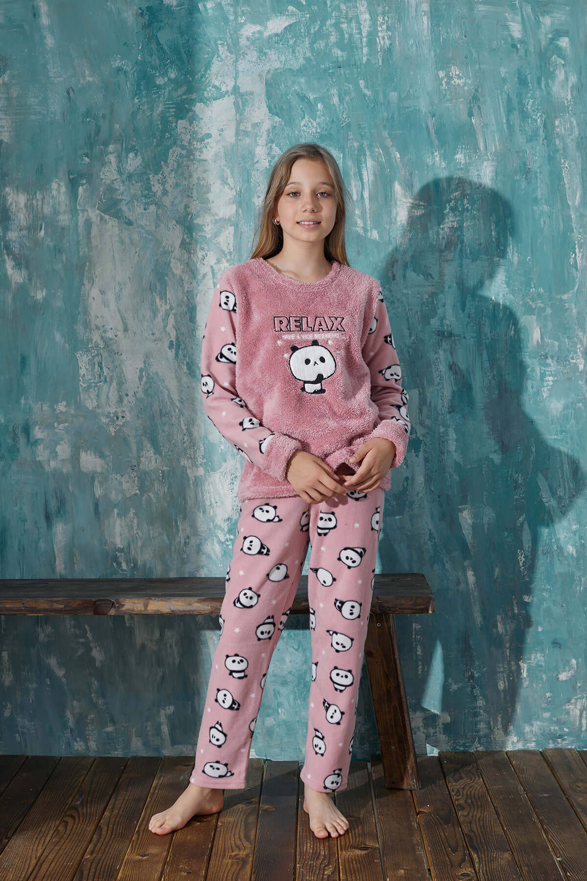 Pudra Relax Panda Desenli Kız Çocuk Peluş Pijama Takım - 4