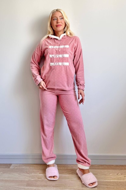 Pudra Three Line Desenli Kapşonlu Peluş Polar Pijama Takımı - 5