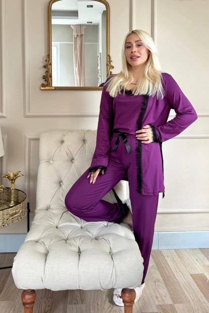 Purple Desenli Sabahlıklı Pegasus Pijama Takımı - 5