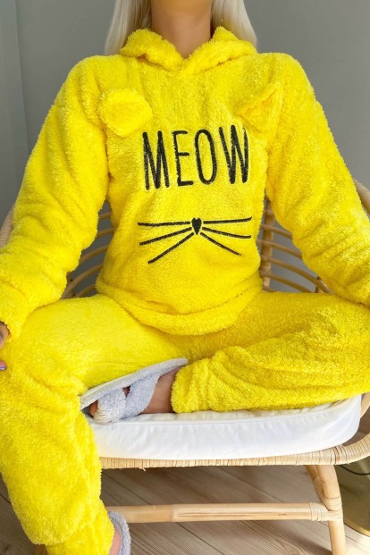 Sarı Meow Desenli Tam Peluş Pijama Takımı - 3