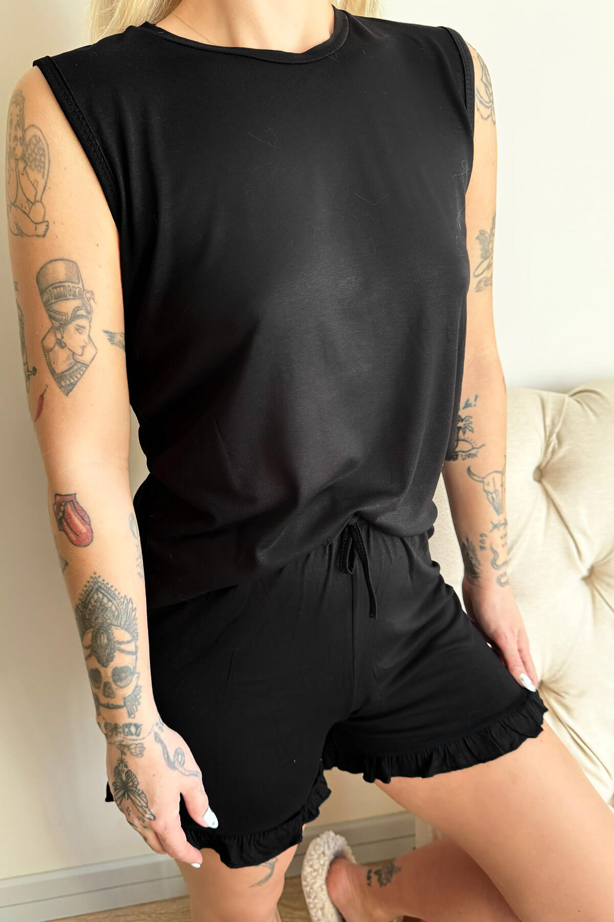 Siyah Basic Kolsuz Askılı Şortlu Kadın Pijama Takımı - 5