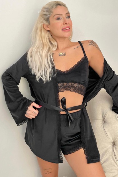 Siyah Bralet Exclusive Kadife Sabahlıklı Kadın Pijama Takımı  