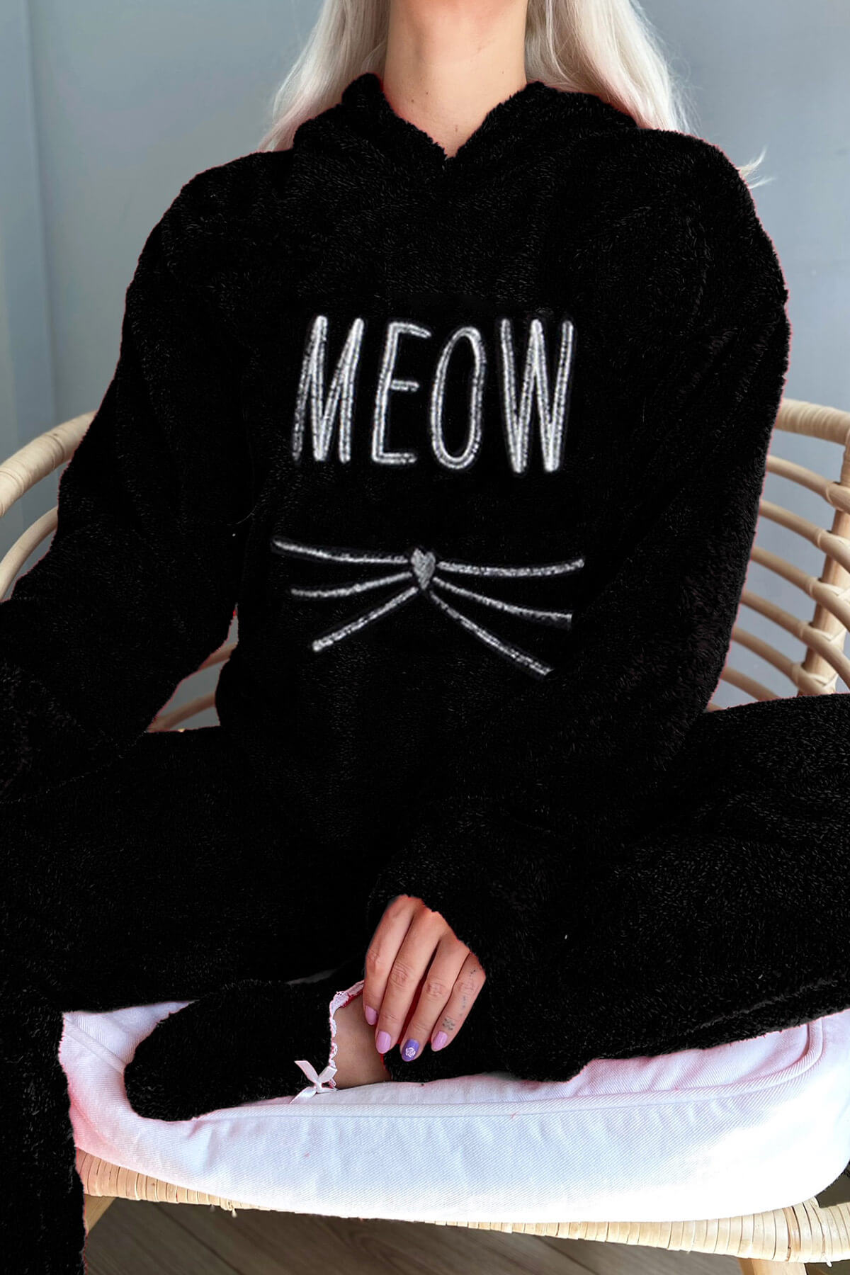 Siyah Meow Desenli Tam Peluş Pijama Takımı - 4