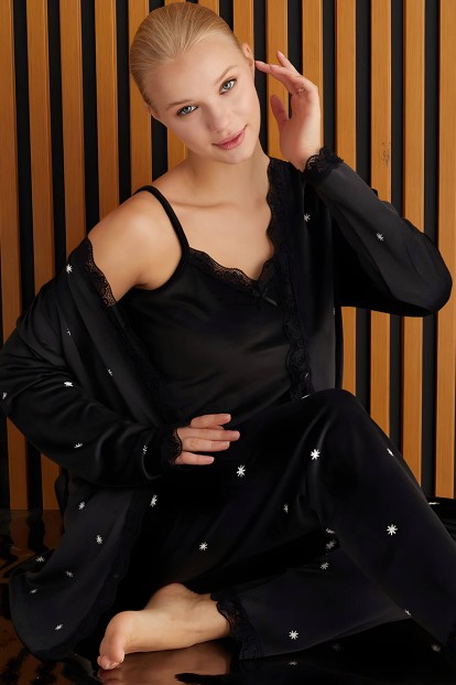 Siyah Solare Exclusive Kadife Sabahlıklı Kadın Pijama Takımı  
