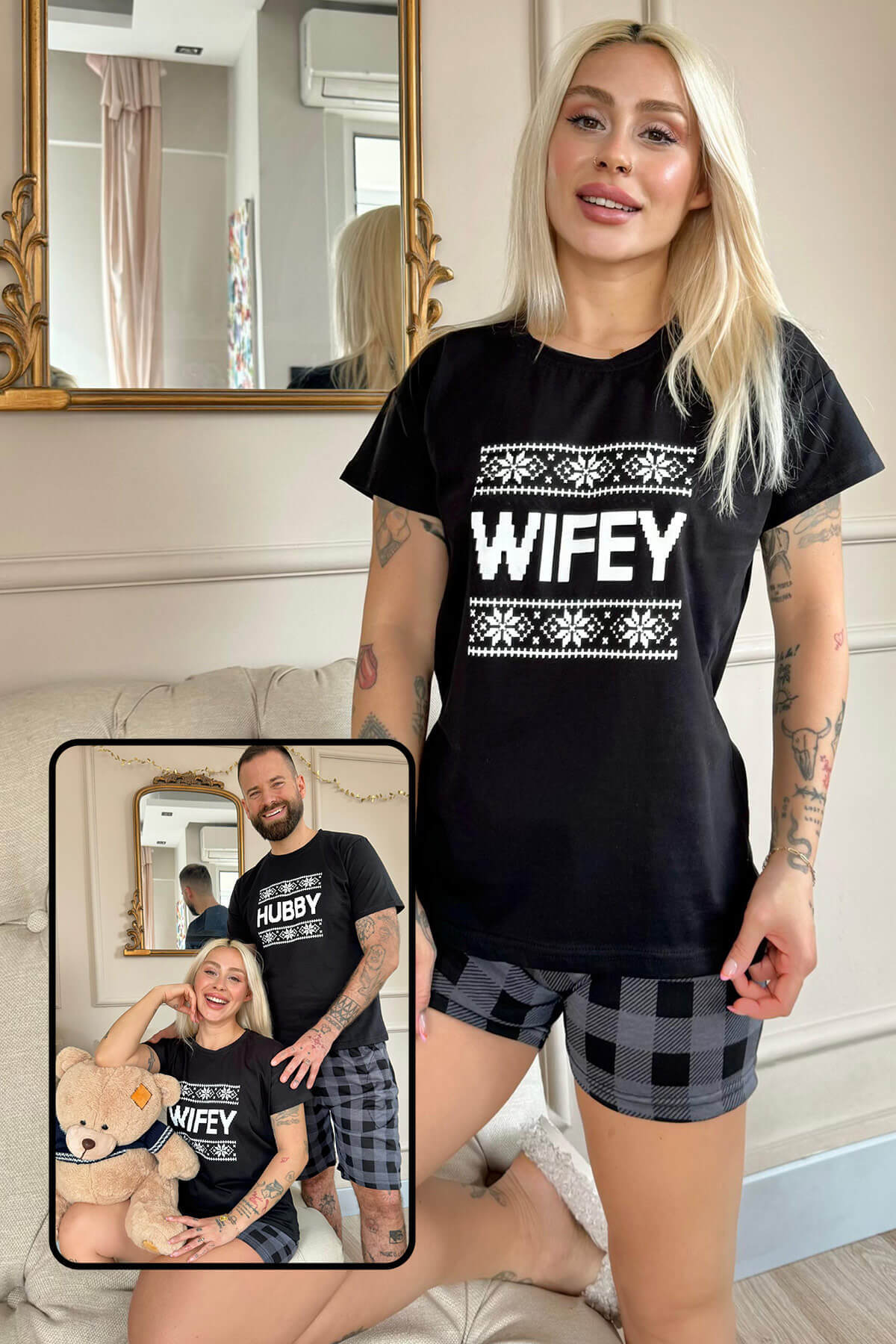 Siyah Wifey Şortlu Sevgili Aile Pijaması - Kadın Takımı - 1