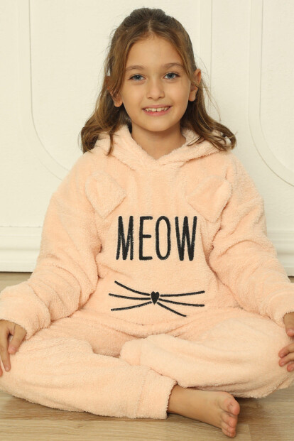 Somon Meow Desenli Tam Peluş Kız Çocuk Pijama Takımı - 1