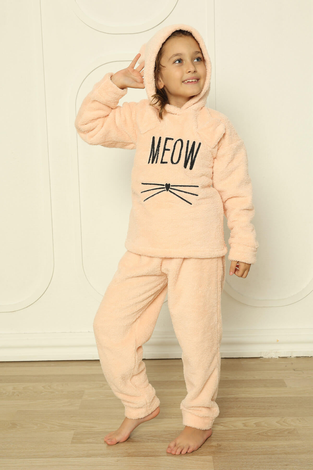 Somon Meow Desenli Tam Peluş Kız Çocuk Pijama Takımı - 5